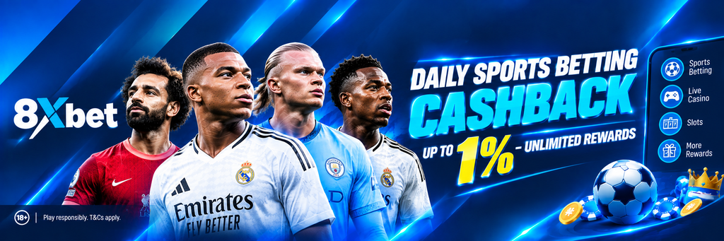 8xbet daily sports betting cashback promo banner offering up to 1% unlimited rewards