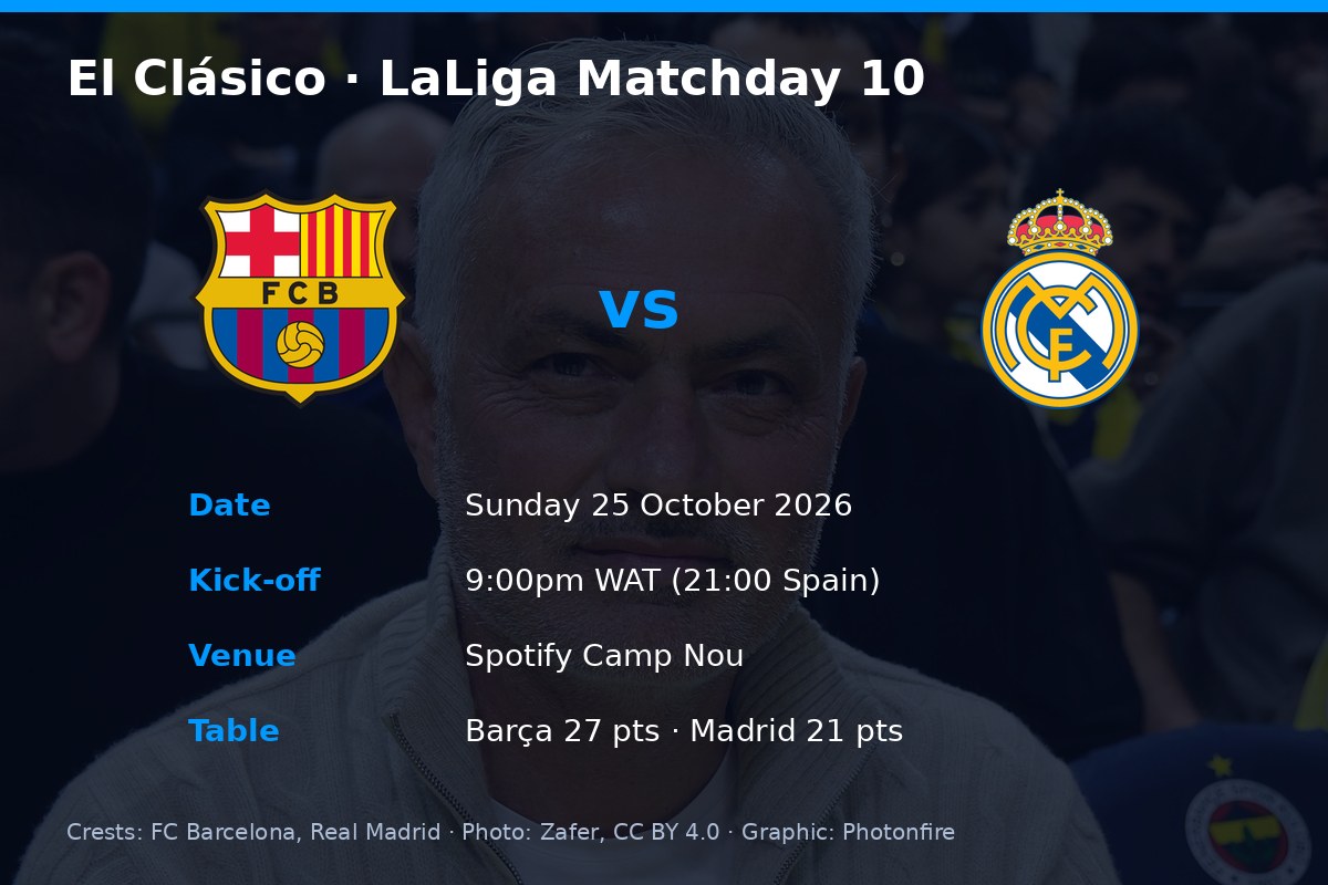 Barcelona vs Real Madrid El Clasico 25 October 2026 kick-off in WAT