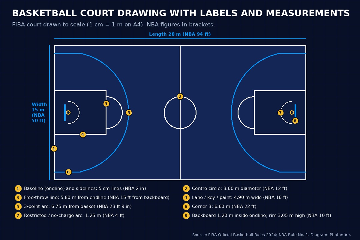 Basketball court drawing with labels and measurements
