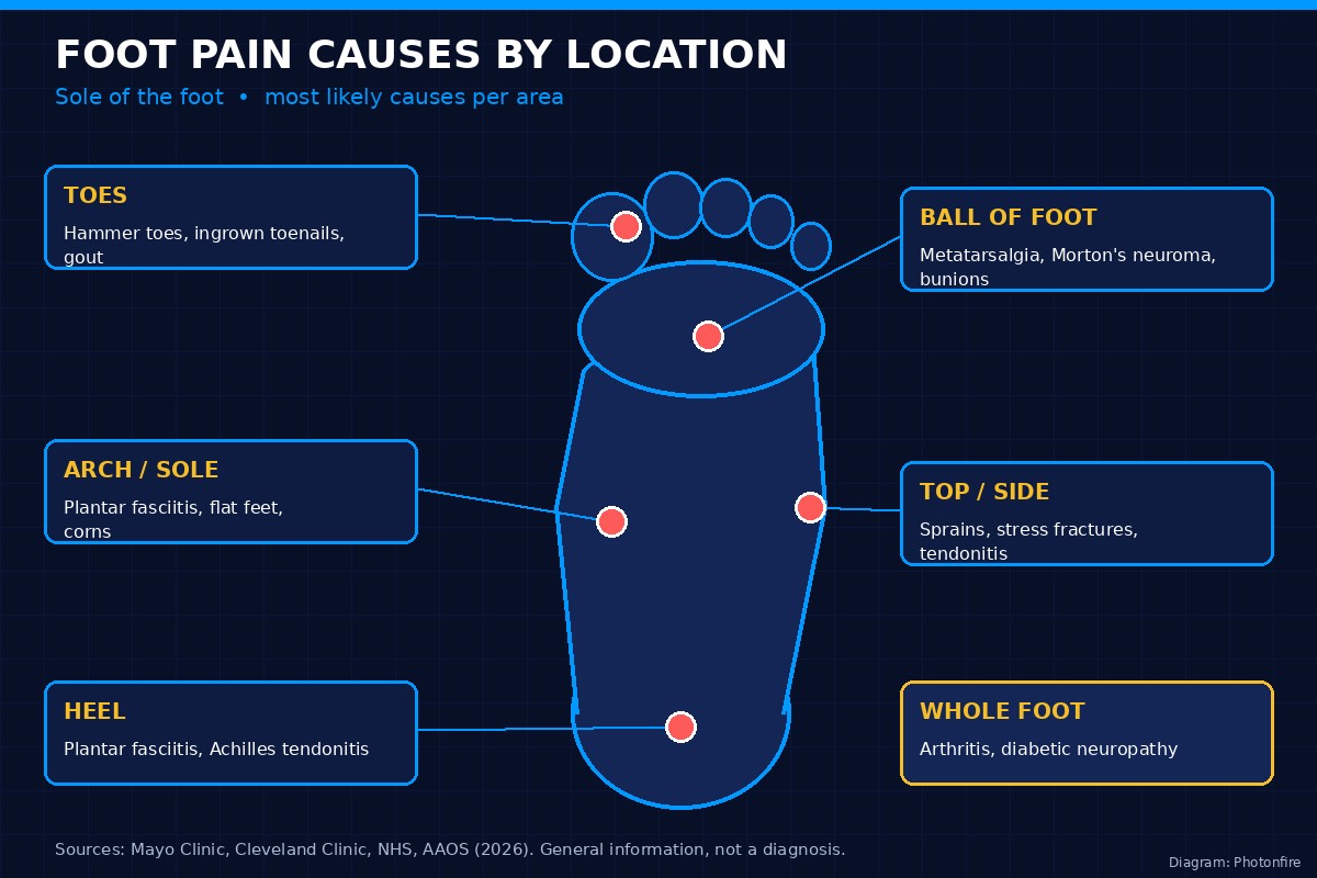 Foot pain causes by location map