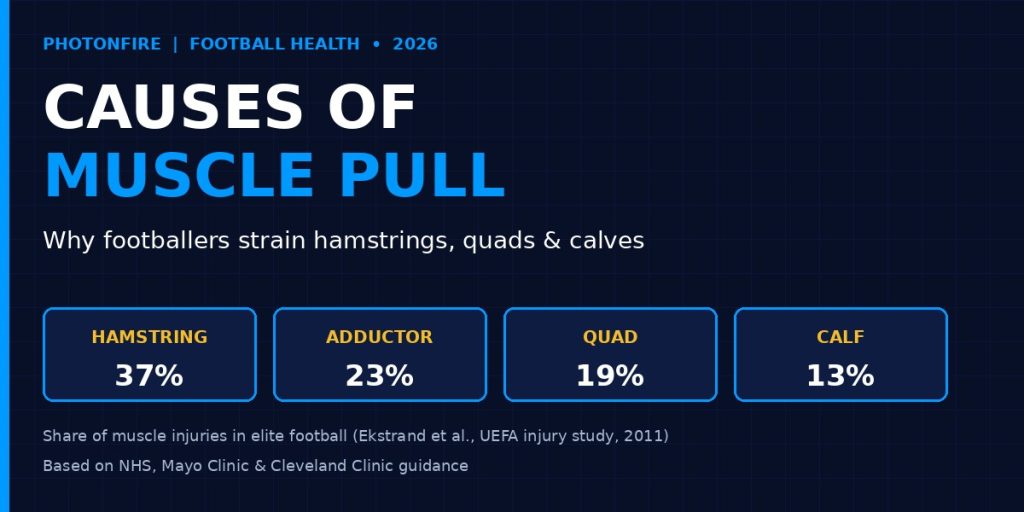 Causes of muscle pull: hamstring, adductor, quad and calf share of football muscle injuries
