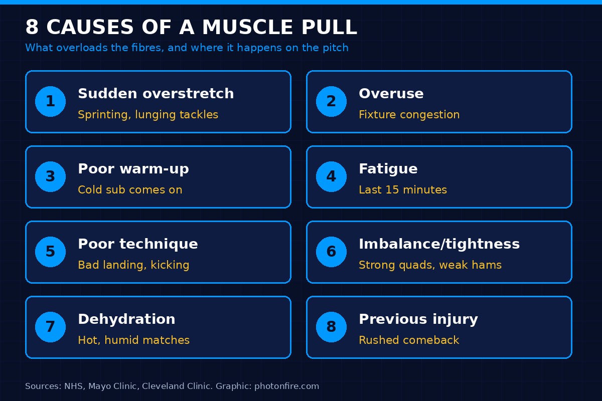 Infographic of the 8 causes of muscle pull with football examples